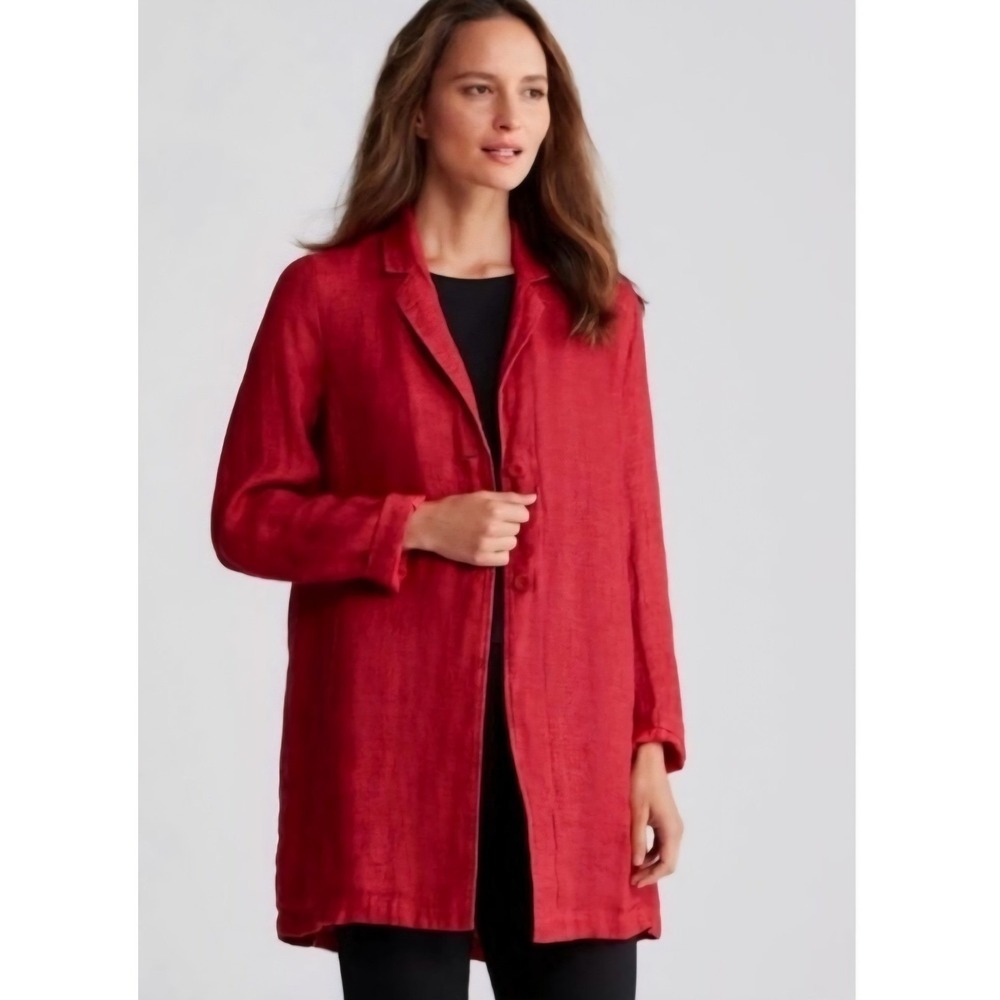 Eileen Fisher Blazer Womens M Red Organic Linen Longline Jacket Quiet Luxury
